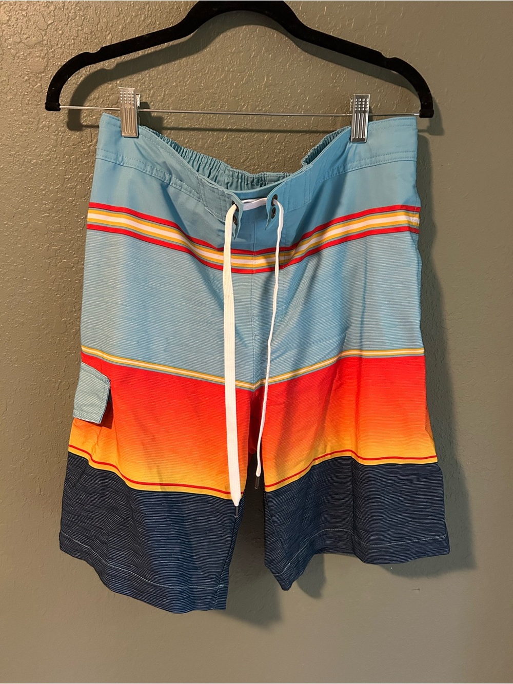 Sonoma Goods for Life blue, orange, and yellow horizontal striped swim trunks